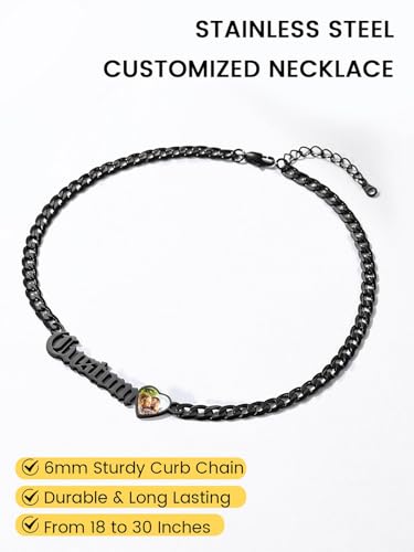 GoldChic JEWELRY Name Necklace Personalized for Men, Womens Custom Name Plate Chain, Stainless Steel Customized Old English Nameplate Choker with Curb Chains Custom, 16 inches to 30 inches - color: Photo & Cuban Chain 6 mm -Black
