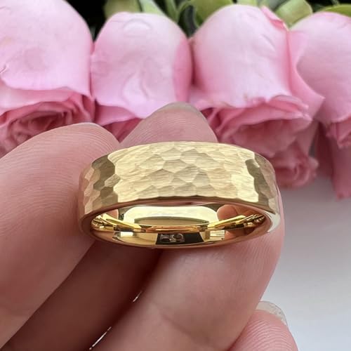 TUTISS 6mm 8mm Silver/Black/Gunmetal/Gold/Rose Gold Hammered Tungsten Rings for Men Women Couple Fashion Jewelry Engagement Wedding Bands Matte Finish Comfort Fit - color: 6mm Gold Tungsten