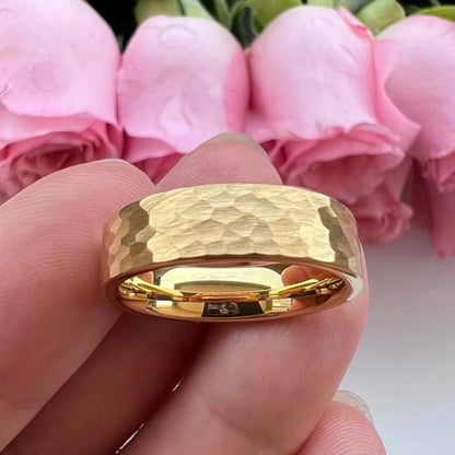 TUTISS 6mm 8mm Silver/Black/Gunmetal/Gold/Rose Gold Hammered Tungsten Rings for Men Women Couple Fashion Jewelry Engagement Wedding Bands Matte Finish Comfort Fit - color: 6mm Gold Tungsten