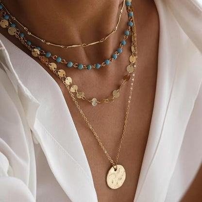 HUASAI Boho Necklaces for Women Dainty Layered Choker Necklace Bohemian Turquoise Necklace Statement Jewelry Western Cowgirl Country Concert Outfits Accessories - color: A-Coin