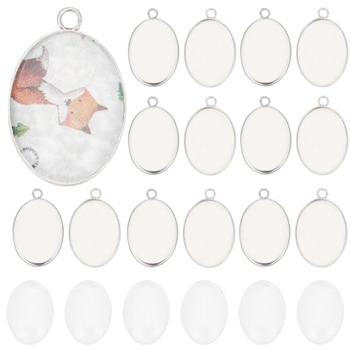 SUNNYCLUE 1 Box 80Pcs Bezel Trays Oval Pendant Tray Set Stainless Steel Pendant Blanks Photo Charm Cabochon Settings Blank Bezel Charms with Glass Cabochons for Jewelry Making DIY Findings - color: Oval Stainless Steel Cabochon Settings