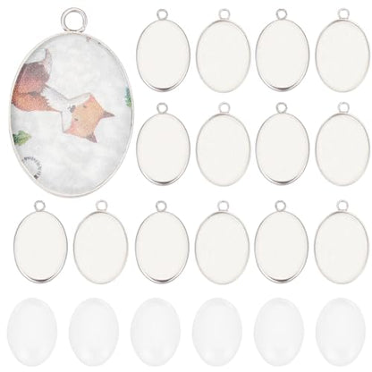 SUNNYCLUE 1 Box 80Pcs Bezel Trays Oval Pendant Tray Set Stainless Steel Pendant Blanks Photo Charm Cabochon Settings Blank Bezel Charms with Glass Cabochons for Jewelry Making DIY Findings - color: Oval Stainless Steel Cabochon Settings