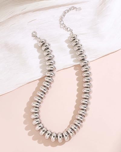 Chunky Beaded Necklace for Women Boho Statement Bead Necklace Adjustable Choker with Polished Disc/Square Beads Trendy Summer Beach Jewelry Gifts - color: Silver