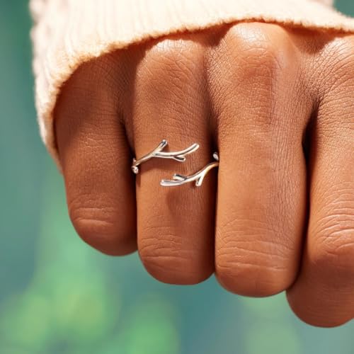 Adjustable Leaf Stackable Rings for Women Cubic Zirconia Stones Blue Leaves Purple Flower Open Band Stacking Finger Sliver Rings Fashion Plant Floral Aesthetic CZ Jewelry - color: branch