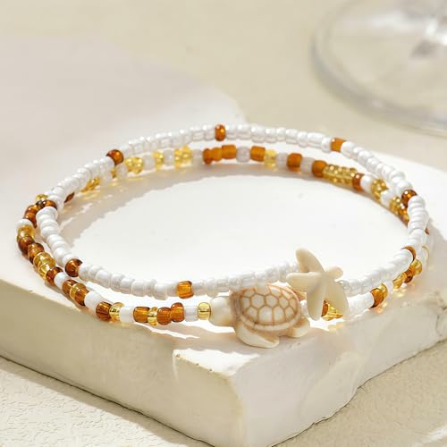 Qceasiy Shell Ankle Bracelets for Women, Boho Beaded Beach Anklet Set | Seashell, Heart, Starfish and Conch Styles, Gold-Tone, Stretch or Adjustable Fit, Layered Beach Vacation Jewelry Gifts - color: White 3