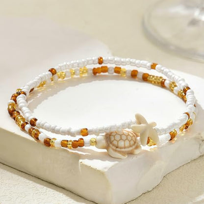 Qceasiy Shell Ankle Bracelets for Women, Boho Beaded Beach Anklet Set | Seashell, Heart, Starfish and Conch Styles, Gold-Tone, Stretch or Adjustable Fit, Layered Beach Vacation Jewelry Gifts - color: White 3