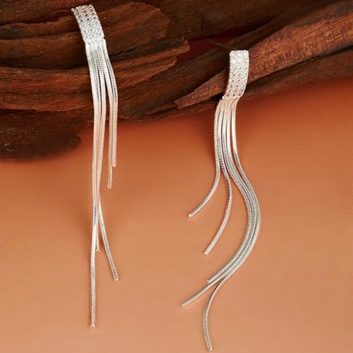 Long Dangle Earrings for Women, Tassel Chain Drop Threader Earrings | 18K Gold Plated, 925 Sterling Silver Posts, Set with cubic zirconia, Hypoallergenic, Non Tarnish, Lightweight, Red Gift Box - color: Silver