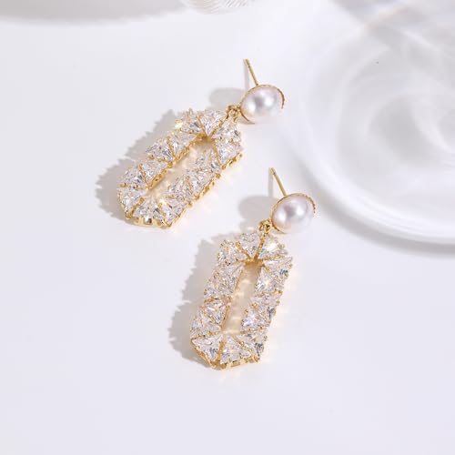 Statement Pearl Cubic Zirconia Drop Earrings for Women,Sterling Silver Post Sparkling Geometric Dangle Earrings for Wedding Party Everyday