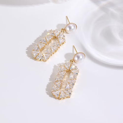 Statement Pearl Cubic Zirconia Drop Earrings for Women,Sterling Silver Post Sparkling Geometric Dangle Earrings for Wedding Party Everyday