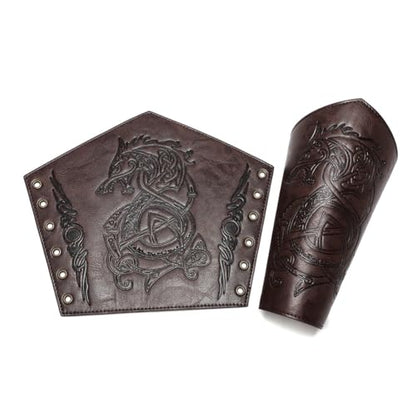 Medieval Leather Bracers Dragon Embossed Viking Leather Bracers Leather Arm Armer Cuff Leather Gauntlet Costumes Accessories - style: Dragon Leather Bracers-dark Brown