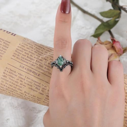 Moss Agate Bridal Wedding Rings Set for Women 925 Sterling Silver | Plated Platinum/Black Gold, Gothic, Vintage, Engagement Promise Ring, Anniversary Valentine Day Birthday Gift for Her - style: Black Gold Plating New Moon Halo Ring