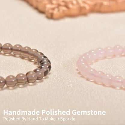 2PCS Agate Bracelet for Women Men Natural Round Beaded Agates Stone Healing Stretch Bracelets Elastic Handmade Polished Gemstone Beads Bracelet - color: Grey+Pink Quartz, size: 6mm Beads