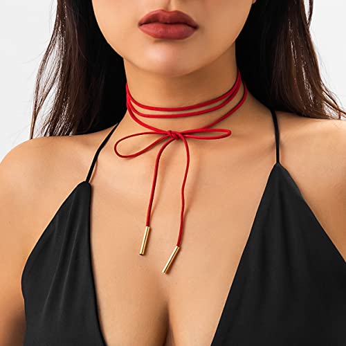 Sexy Bow-knot Choker Necklace for Women, Velvet Tie Neck Gothic Long Wrap Rope Collar Tie Red Chocker Ribbon Suede necklace Accessories for Party Prom - color: red