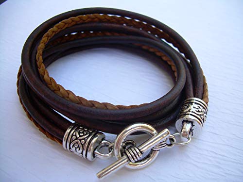 Womens Leather Bracelet, Five Strand, Double Wrap, Antique Brown/Natural, Womens Jewelry, Womens Bracelet, Wrap Bracelet, Leather, Jewelry