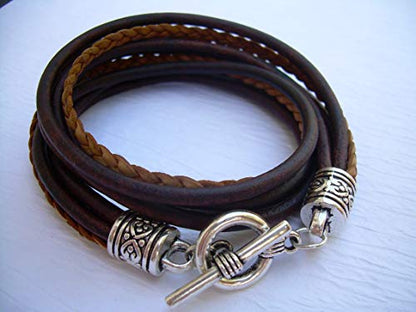 Womens Leather Bracelet, Five Strand, Double Wrap, Antique Brown/Natural, Womens Jewelry, Womens Bracelet, Wrap Bracelet, Leather, Jewelry