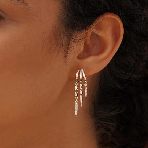 Dangle Earrings for Women,14k Gold Plated Triple Huggie Stud Earrings Cute Statement Chain Earring Dainty Drop Earrings for Women Trendy Gold Plated Jewelry - color: silver- dangle3