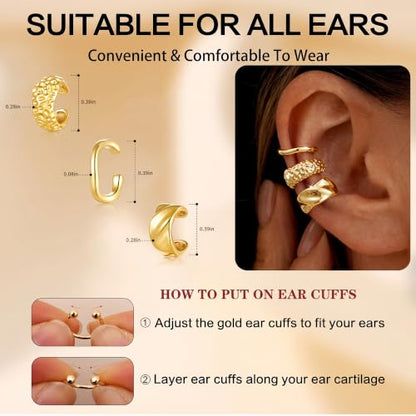 14K Gold Plated Layered Chunky Ear Cuff for Women Thick Ear Clips | Ear Cuff Earrings for Women,Hammered Texture design，Lightweight Hypoallergenic Ear Clips，trendy Jewelry for Daily Party Prom - color: gold 6