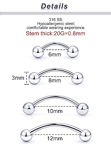 20G 16G 14G 12G Eyebrow Rook Daith Piercing Jewelry 316L Surgical Steel Vertical Lip Labret Belly Button Ring Snake Eyes Tongue Ring Curved Barbell 6mm(1/4") 8mm(5/16") 10mm (3/8") 12mm(1/2") - color: Silver, size: 20G(0.8mm)-6/8/10/12mm Bars