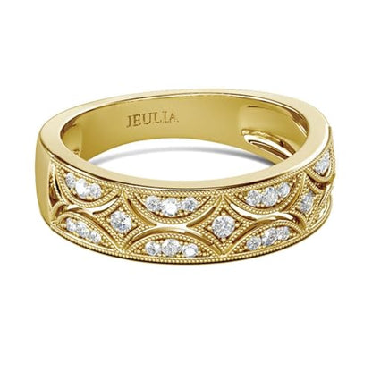 Jeulia Womens Wide Eternity Ring Wedding Band, Milgrain Round Cut 18k White Gold Plated Eternity Band Ring Romantic Birthday Anniversary Jewelry with Gift Box - color: Yellow