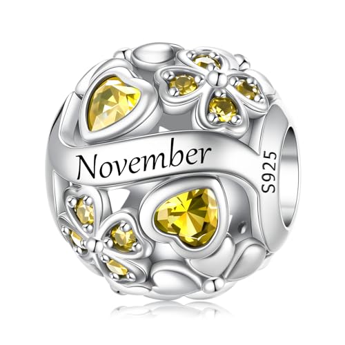 LNQOBU 925 Sterling Silve Lucky Birthstone Charm for Bracelets, With 5A Cubic Zirconia Birthday Charms Dangle Pendant Bead for Pandora Bracelets and Necklaces - color: K1-November