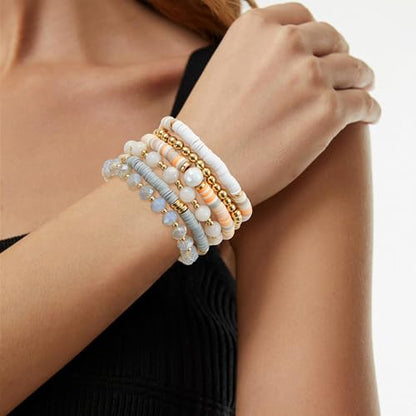 Boho Beaded Stretch Bracelets For Women Stackable Crystal Gold Plated Beaded Bracelets Set Trendy Handmade Friendship Braeclet Jewelry Gifts - color: F-XGrey 6pcs