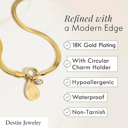Destin Jewelry 18K Gold Plated Herringbone Necklace for Women and Men, Waterproof Flat Snake Chain, Stainless Steel Non Tarnish Layering Necklace - color: Gold, size: 16" + 2"