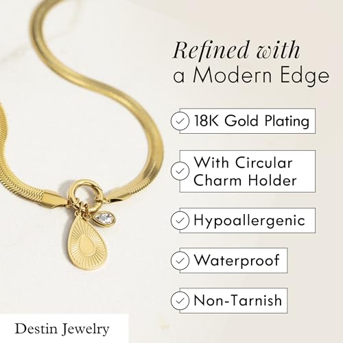Destin Jewelry 18K Gold Plated Herringbone Necklace for Women and Men, Waterproof Flat Snake Chain, Stainless Steel Non Tarnish Layering Necklace - color: Gold, size: 20" + 2"