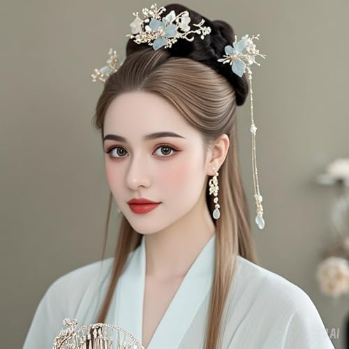 Hanfu Hair Accessories Set Green Butterfly Tassel Chinese Vintage HairStick | Hair Sticks, Butterfly Tassel Hairpin Comb, Earrings Kit, Rhinestone Pearl, Wedding Bridal Cosplay Daily Wear