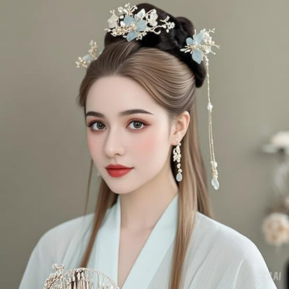 Hanfu Hair Accessories Set Green Butterfly Tassel Chinese Vintage HairStick | Hair Sticks, Butterfly Tassel Hairpin Comb, Earrings Kit, Rhinestone Pearl, Wedding Bridal Cosplay Daily Wear
