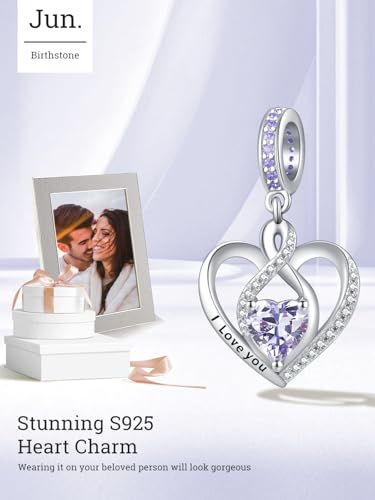 Heart Birthstone Charms for Bracelets, 925 Sterling Silver Women Bead Charms for Charm Bracelets Necklace, Mother's Day Birthday Anniversary Jewelry Gifts for Wife Mom Grandma Daughter - style: Dangle - June - Alexandrite