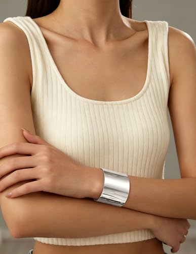 2Pcs Cuff Bangle Bracelet for Women Open Wide Bangle Bracelet Set | minimalist statement bangle bracelets，wrist cuff wrap bracelet adjustable，open wide wire grooved hammered bracelet set - color: 2PCS-Sliver-B