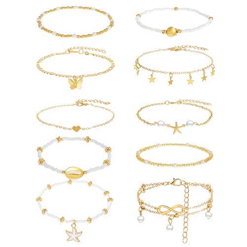 Tyqour 10PCS Anklets for Women Ankle Bracelets for Women Waterproof Bohemian Pearl Women's Anklets Gold White Adjustable Layered Chain Summer Beach Foot Jewelry Gift Set Plus Size 8.27+1.97 Inch