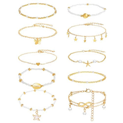 Tyqour 10PCS Anklets for Women Ankle Bracelets for Women Waterproof Bohemian Pearl Women's Anklets Gold White Adjustable Layered Chain Summer Beach Foot Jewelry Gift Set Plus Size 8.27+1.97 Inch