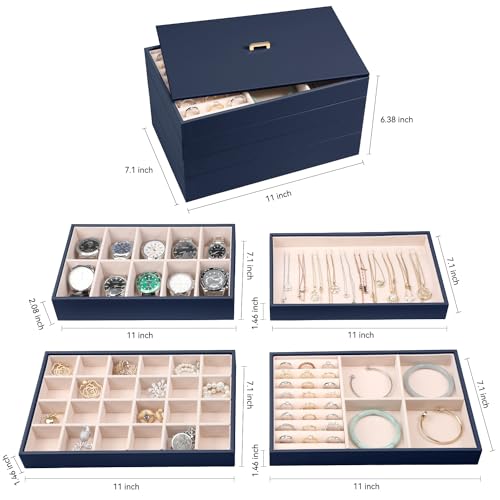 Voova Stackable Jewelry Organizer Tray with Lid (Set of 4, Dark Blue) | Stackable PU leather jewelry trays with drawer inserts for earrings, rings, necklaces, bracelets and watches; set of 4 - color: Navy Blue
