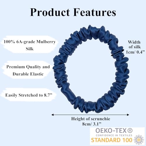 VLOMOT 3 Pcs Set 100% Pure Mulberry Silk Hair Scrunchies (Blue) | Silk Hair Ties for Thin Hair with 3 Chic Colors Everyday Skinny Scrunchies Silk Ponytail Holders Hair Care No Damage - color: Blue