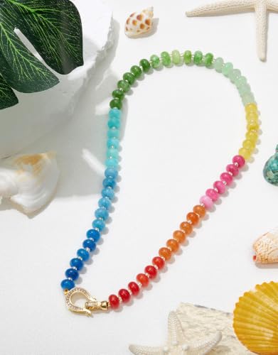 Beaded Necklaces for Women, Boho Colorful Bead Choker Necklace | Natural Gemstones, Summer Beach Jewelry, 18K Gold Plated, Handmade, Gift for Her,Charm Necklace - color: Rainbow-U-Shaped Clasp