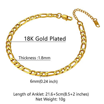 Richsteel Anklets for Women Cuban/Figaro/Spiga Wheat Chain Stainless Steel/18K Gold Plated Ankle Bracelet Beach Waterproof Foot Jewelry - color: 05-Gold Plated Figaro