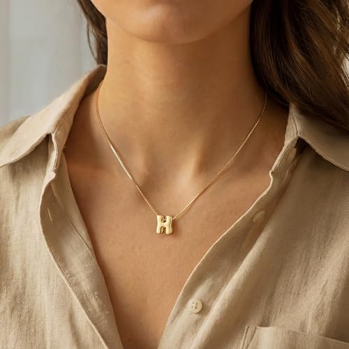 Bubble Gold Initial Necklaces for Women,14K Gold Plated A-Z Initial Necklaces for Women, Chunky balloon letter name Pendant Necklace Fashion Jewelry Gifts - color: H, style: Gold