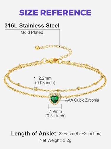 Richsteel Double Layer Heart/Butterfly Birthstone Anklet for Women | Non Tarnish Waterproof, Silver/Gold/Black Stainless Steel 8.5-10.5 Inch Adjustable Chain Anklets Summer Beach Foot Jewelry - color: Gold Heart-05 May(Emerald)