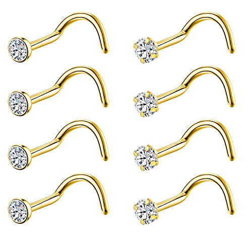 8PCS G23 Titanium Twist Screw Nose Studs 18G 20G Nose Rings 2mm 2.5mm 3mm Clear Pink Purple Aurora CZ Gold Nose Piercing Studs Nostril for Women Men - style: 18g gold clear cz 2.5mm