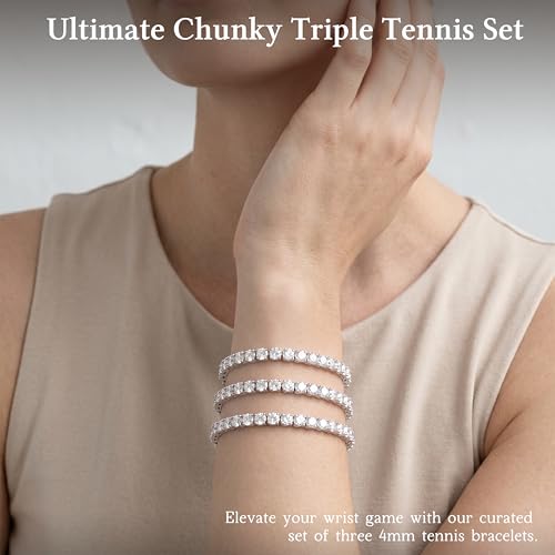 925 Sterling Silver Bracelets for Women Stack, Trendy Tennis Bangle Cuff Jewelry Set 14K Gold Plated, Adjustable Bracelet Set for Wrist Essentials, Women Fashion Watch Band Acecessories - style: Bracelet_3pcs(Silver Tennis Set 4mm)