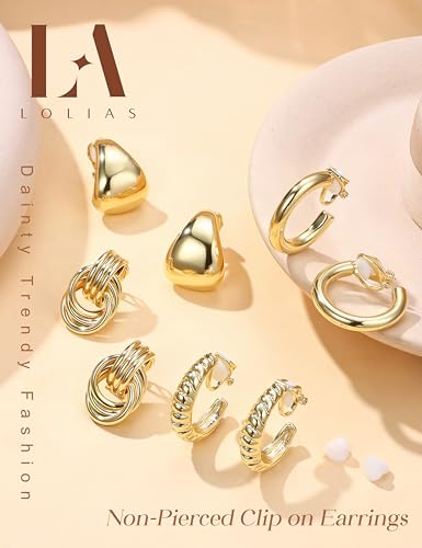 LOLIAS Clip On Earrings for Women 14K Gold Plated Clip Earrings Non Pierced | Hypoallergenic Ears Clips CZ Pearl Knot Twist Chunky Hoop and Studs Earring Set Lightweight Fake Earings Jewelry - style: 9Pairs-14K Gold Plated