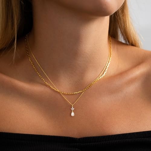 Plenky Pearl Necklaces for Women-14k Gold Plated Layered-Single Pearl Necklace Simple Pearl Choker Necklaces for Women Trendy Cute Gold Necklace Jewelry for Women Gifts - style: CZ Leaf Pearl Necklace