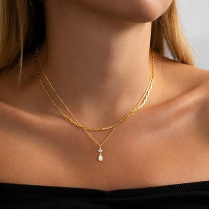 Plenky Pearl Necklaces for Women-14k Gold Plated Layered-Single Pearl Necklace Simple Pearl Choker Necklaces for Women Trendy Cute Gold Necklace Jewelry for Women Gifts - style: CZ Leaf Pearl Necklace