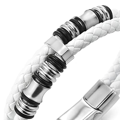 COOLSTEELANDBEYOND Mens Double-Row Braided Leather Bracelet Bangle Wristband with Black Stainless Steel Ornaments - color: J-White Silver
