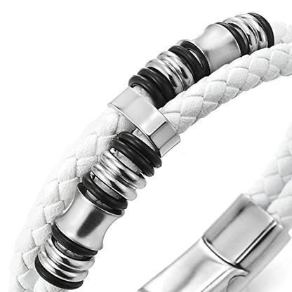 COOLSTEELANDBEYOND Mens Double-Row Braided Leather Bracelet Bangle Wristband with Black Stainless Steel Ornaments - color: J-White Silver