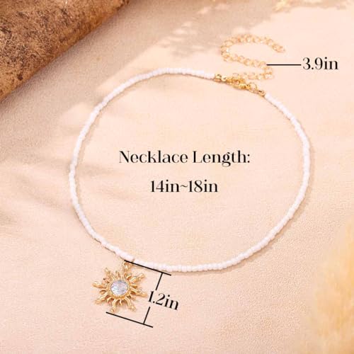 Tgirls Boho Beaded Choker Necklace Opal Bead Necklace Sun Pendant Summer Jewelry for Women - color: White