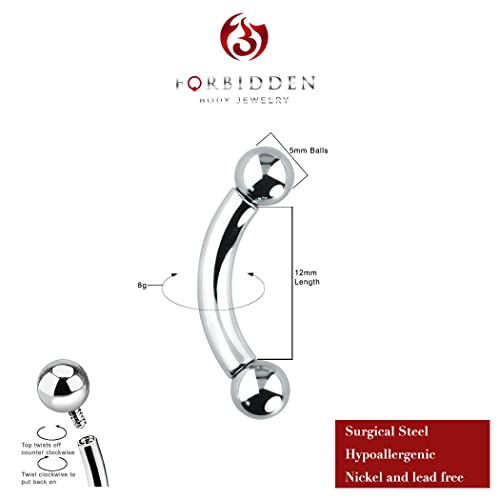 Forbidden Body Jewelry Curved Barbell Piercing Jewelry - 00GA-16GA Silver Eyebrow Piercing - Surgical Steel Snake Eye Frog Eyes Tongue Rings & Belly Rings for Women (6/14mm Bar, 3/12mm Balls) - style: 8GA, 12mm Length, 5mm Balls