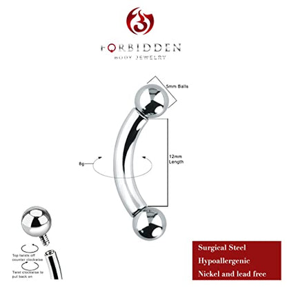 Forbidden Body Jewelry Curved Barbell Piercing Jewelry - 00GA-16GA Silver Eyebrow Piercing - Surgical Steel Snake Eye Frog Eyes Tongue Rings & Belly Rings for Women (6/14mm Bar, 3/12mm Balls) - style: 8GA, 12mm Length, 5mm Balls