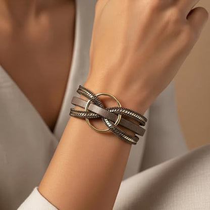 Edoneery Leather Wrap Bracelets for Women, Boho Layered Cuff Bangle | Multi-layer Leather Cuff, Daily wear, Stackable Bangle, Easy on-off, Western Jewelry Gifts for Women - color: Brown-5